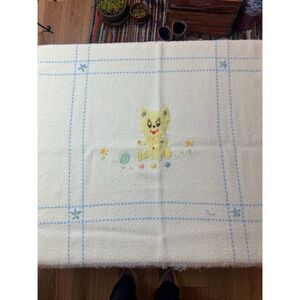 Vintage White Blue Acrylic Fringed Throw Italian Made Baby Blanket